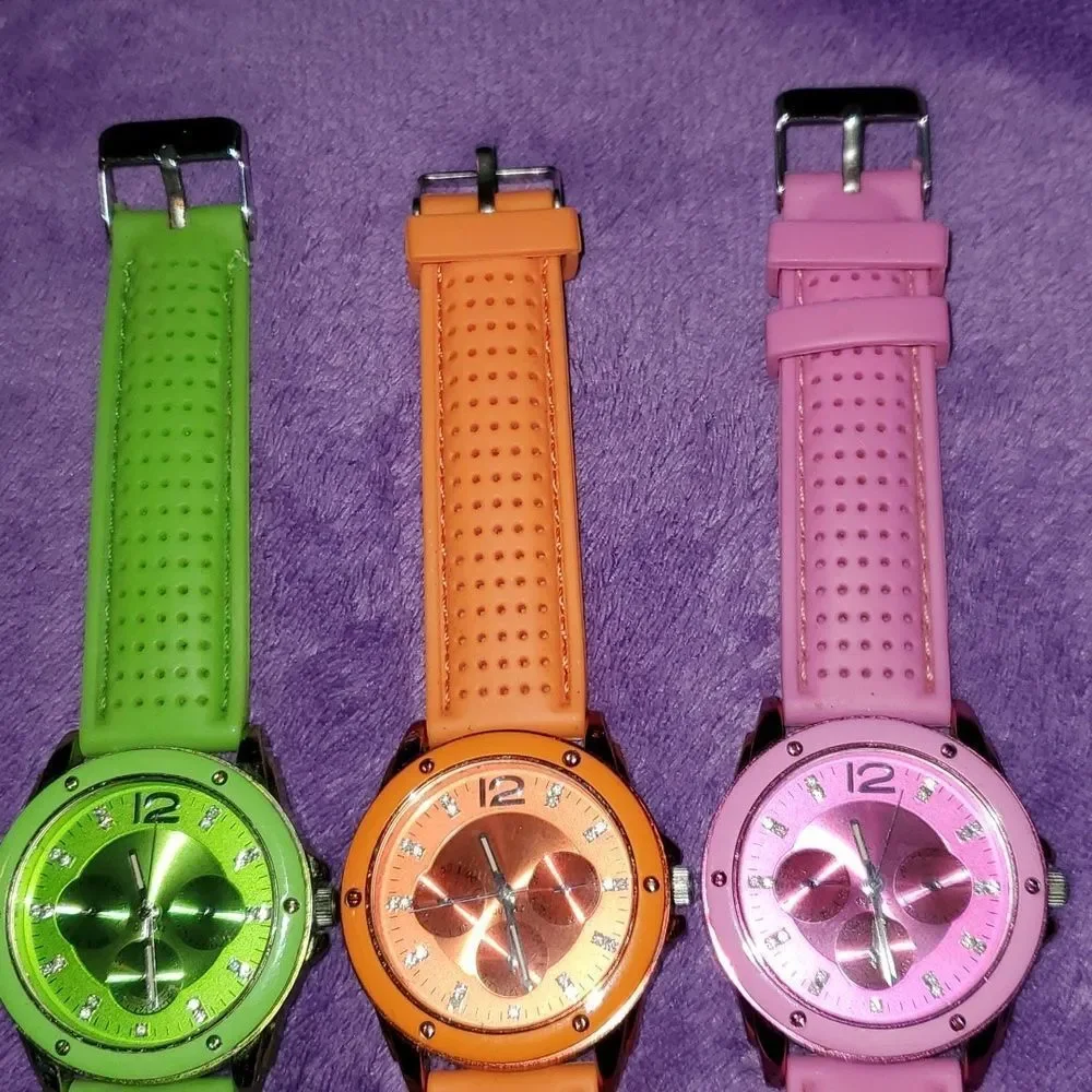 3 Matching Watches Green Pink Orange Accutime JCR1017C‎ JCR1017B JCR1017E
